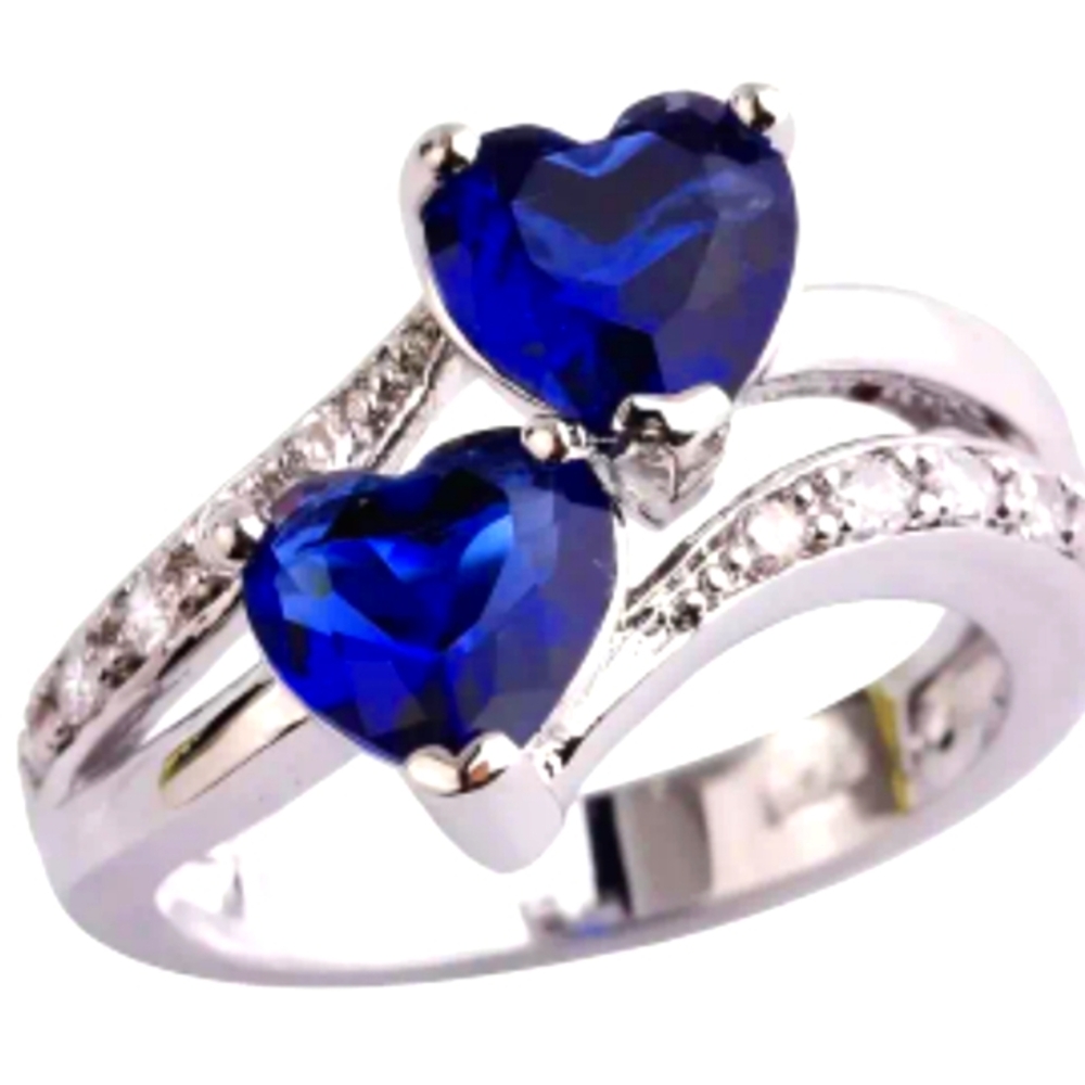 BLUE TOPAZ DOUBLE HEART BYPASS STERLING RING SIZES 6/7/8/9 /10